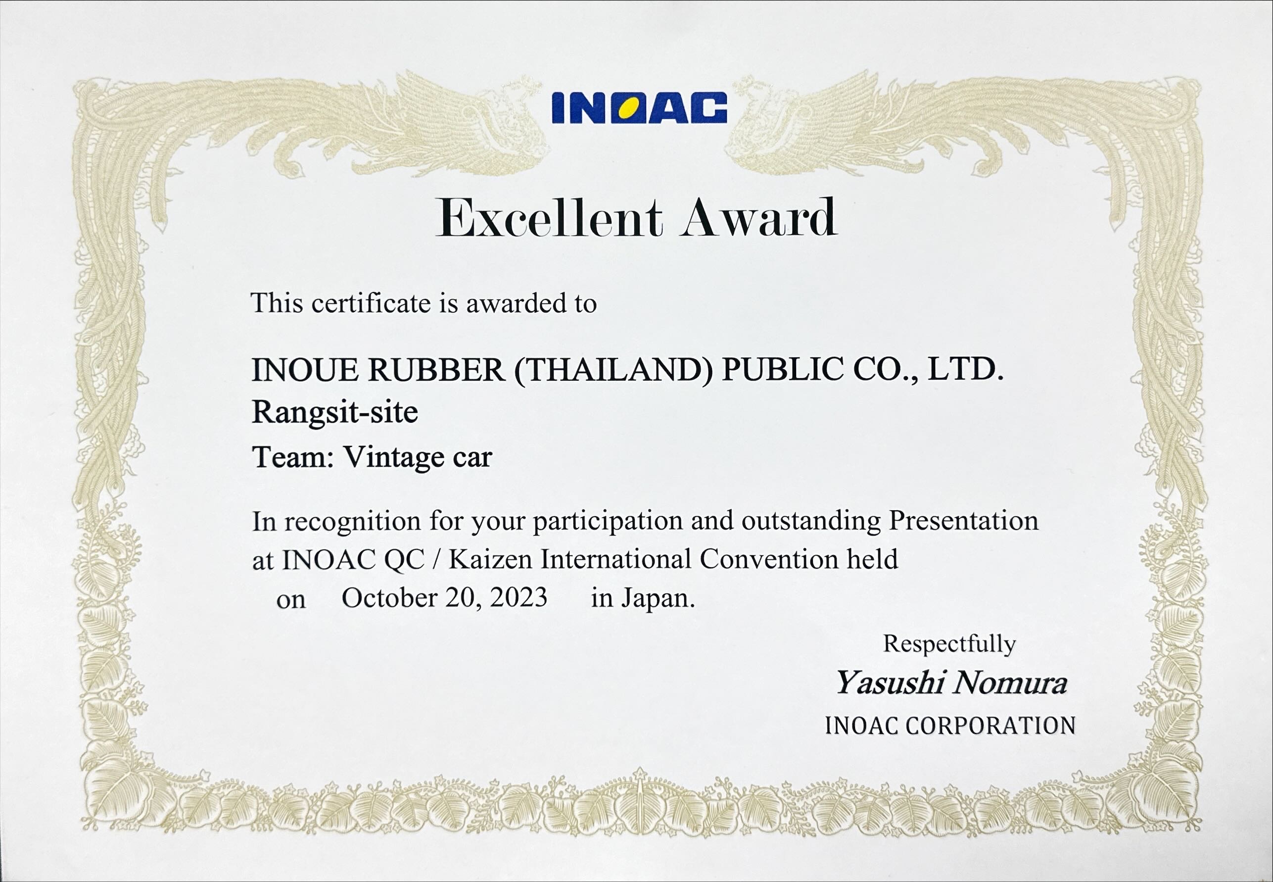 IRC won "Excellent Award” from the QCC/KAIZEN presentation at INOAC QC-KAIZEN INTERNATIONAL CONVENTION in Japan